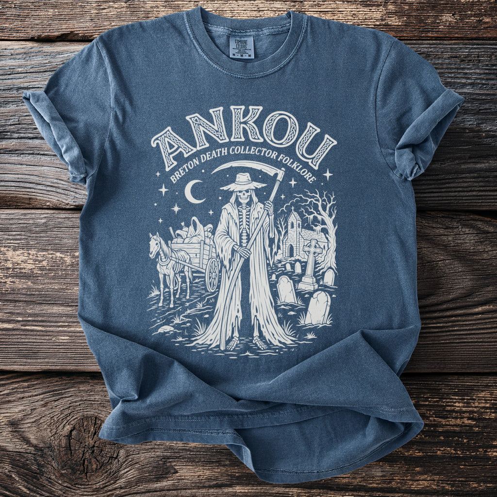 Blue shirt with white "Ankou Breton Death Collector Folklore" graphic and grim reaper scene.