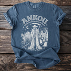 Blue shirt with white "Ankou Breton Death Collector Folklore" graphic and grim reaper scene.