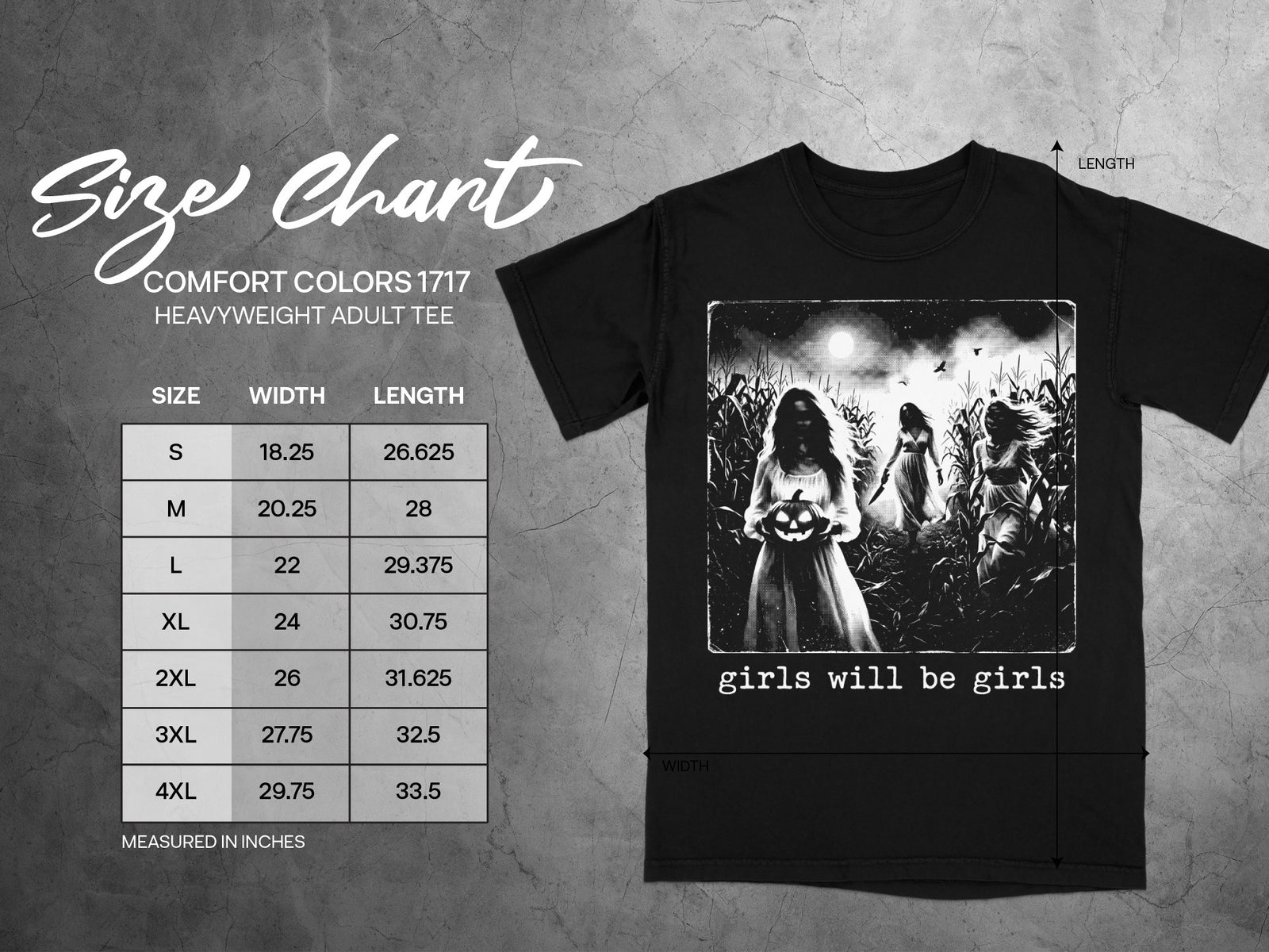 Comfort Colors 1717 size chart for heavyweight adult tee with graphic.