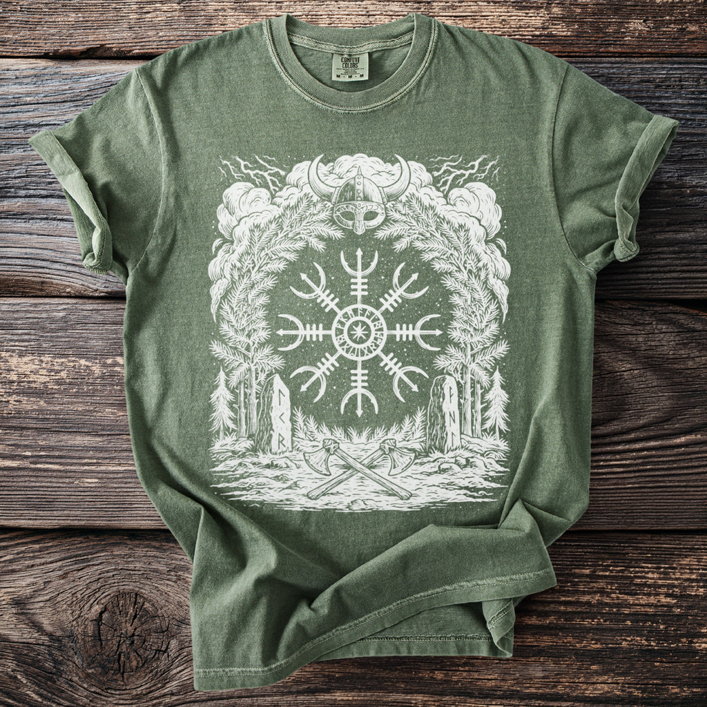 Green t-shirt with white graphic of Viking helmet, compass, trees, and axes.