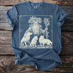 Woodland spirit with flowing beard and tree branches, flanked by three foxes.