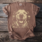 Brown t-shirt with a distressed graphic of a happy dog wearing headphones.