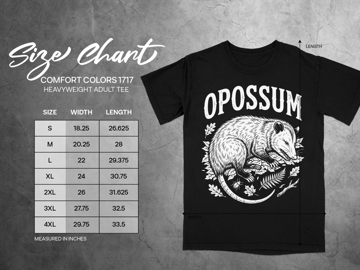 Black t-shirt size chart for Comfort Colors 1717 heavyweight adult tee.