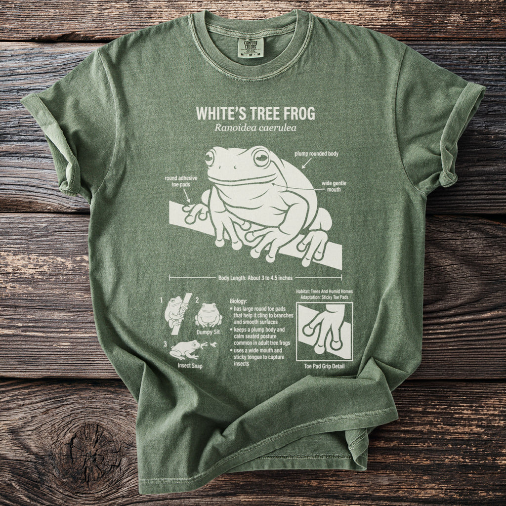 White's Tree Frog diagram with scientific facts and labeled anatomy on a green t-shirt.