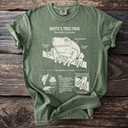 White's Tree Frog diagram with scientific facts and labeled anatomy on a green t-shirt.