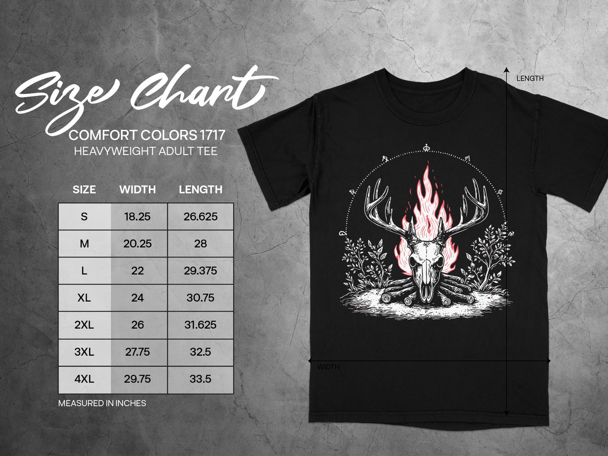Comfort Colors 1717 heavyweight adult tee size chart with width and length measurements in inches.