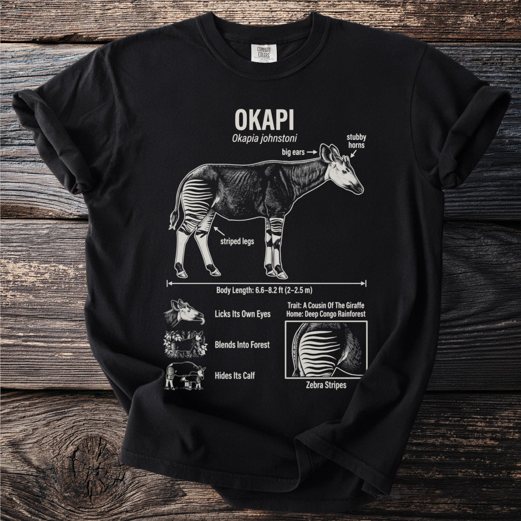 Okapi anatomy diagram with text labels, showing striped legs and zebra stripes.
