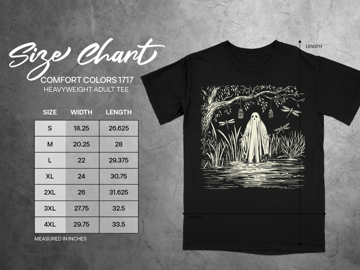 Comfort Colors 1717 heavyweight adult tee size chart with width and length measurements in inches.