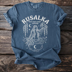 Rusalka Slavic water nymph mythology graphic on a blue t-shirt.