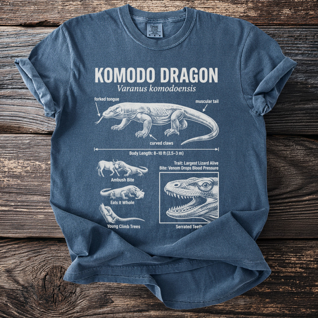Komodo Dragon t-shirt with scientific details like forked tongue, curved claws, and serrated teeth.