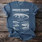 Komodo Dragon t-shirt with scientific details like forked tongue, curved claws, and serrated teeth.