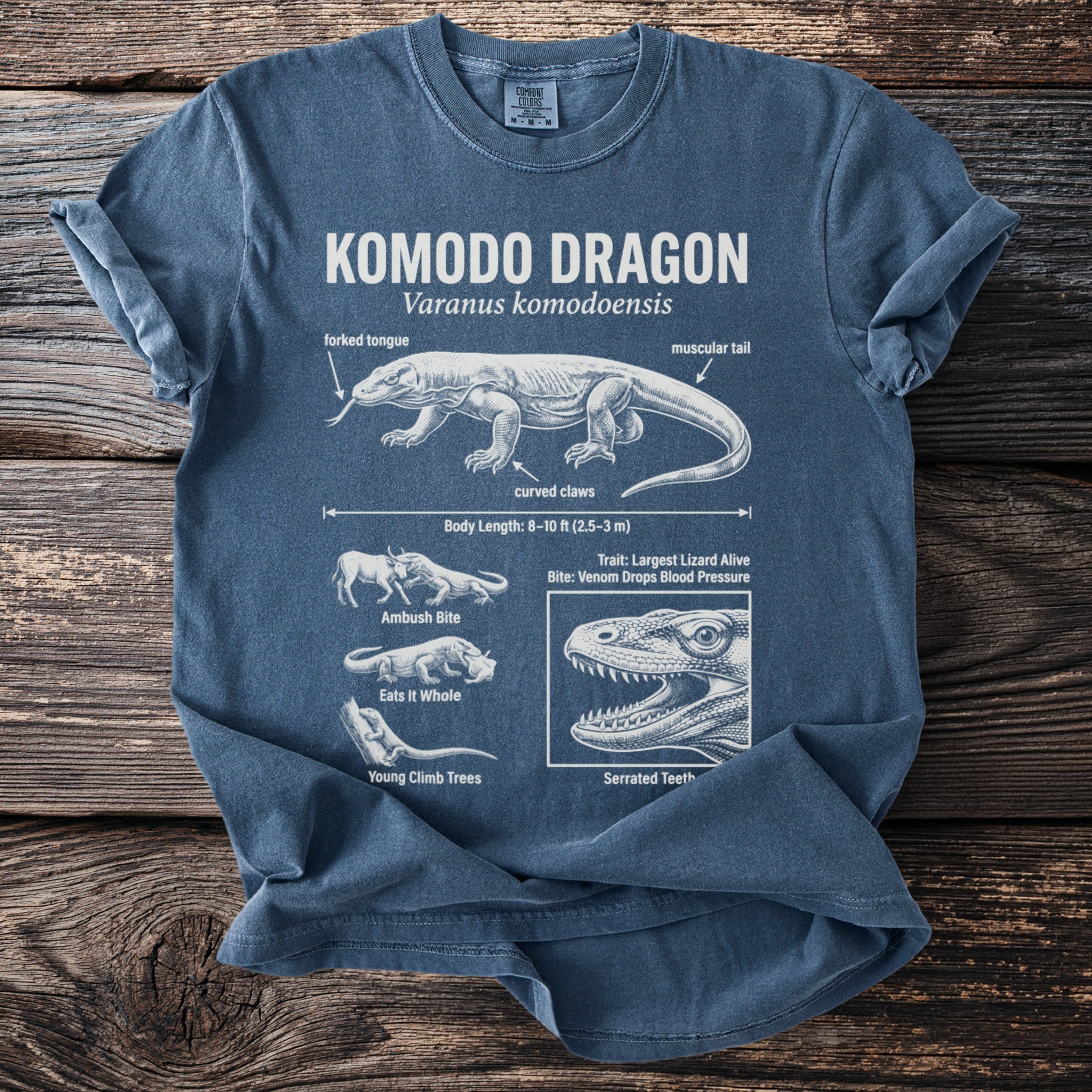Komodo Dragon t-shirt with scientific details like forked tongue, curved claws, and serrated teeth.