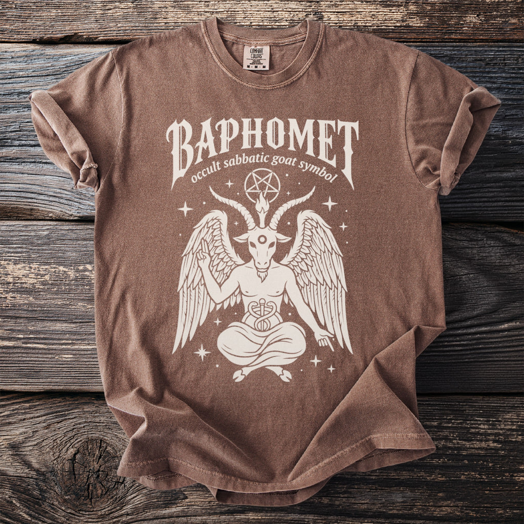 Brown t-shirt with white print "BAPHOMET occult sabbatic goat symbol" and winged goat-man.