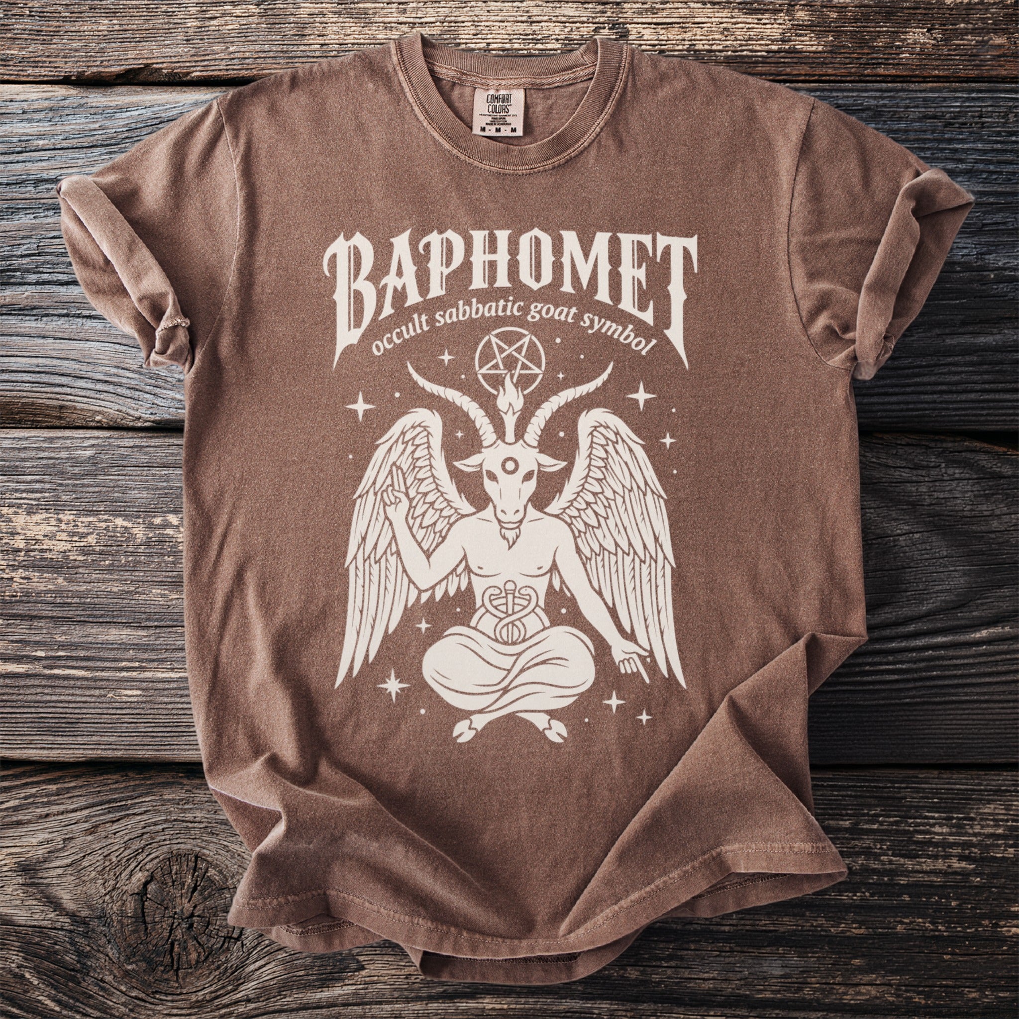 Brown t-shirt with white print "BAPHOMET occult sabbatic goat symbol" and winged goat-man.