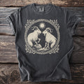Dark grey t-shirt with a circular graphic of two goats, a sun, and ornate border.