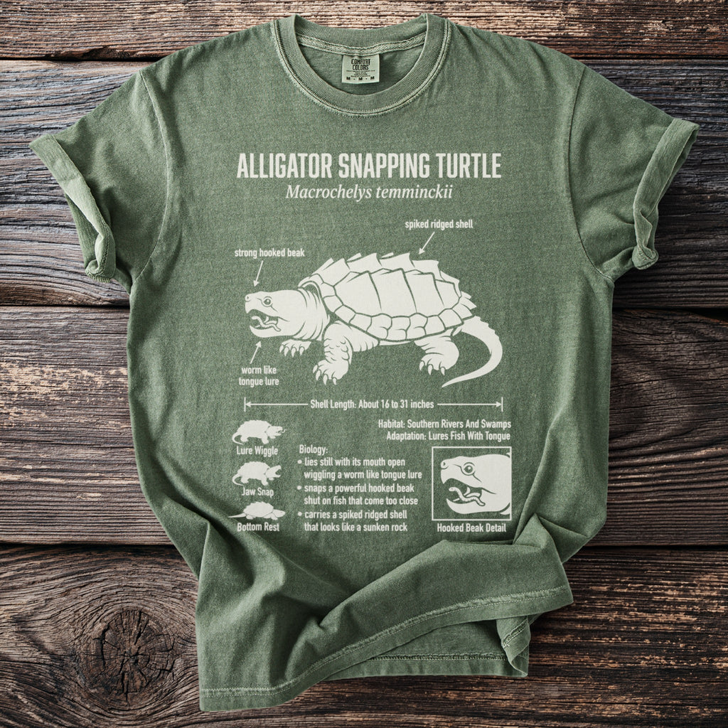 Green t-shirt with diagram of an alligator snapping turtle and its features.