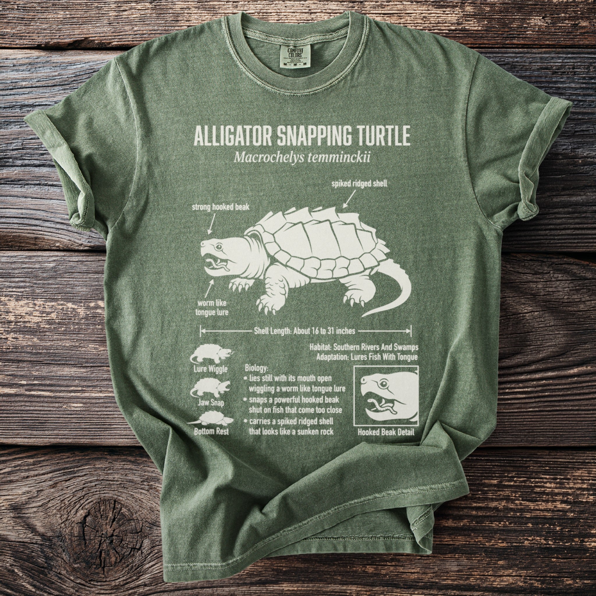 Green t-shirt with diagram of an alligator snapping turtle and its features.