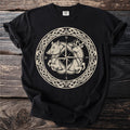 Black t-shirt with a circular design featuring a boar and deer on a compass.