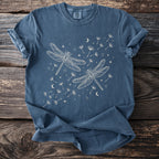 Blue t-shirt with white line drawing of two dragonflies and dandelion seeds.