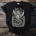 Black t-shirt with a cream Viking Valkyrie on a horse with wings.