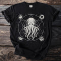 Black t-shirt with white graphic of an octopus in a geometric circle with four surrounding icons.