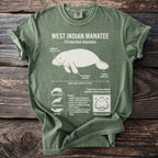 Green t-shirt with "West Indian Manatee" graphic and biological details.