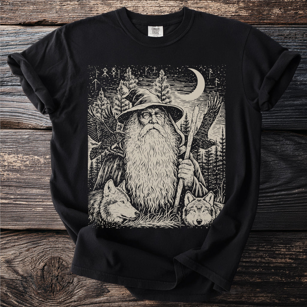 Black t-shirt with print of wizard, wolves, ravens, trees, and moon.