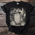 Black t-shirt with print of wizard, wolves, ravens, trees, and moon.