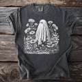 T-shirt with a white ghost and floral design on a charcoal background.