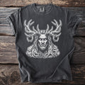 Charcoal t-shirt with a white line art design of a crowned, bearded man with antlers.