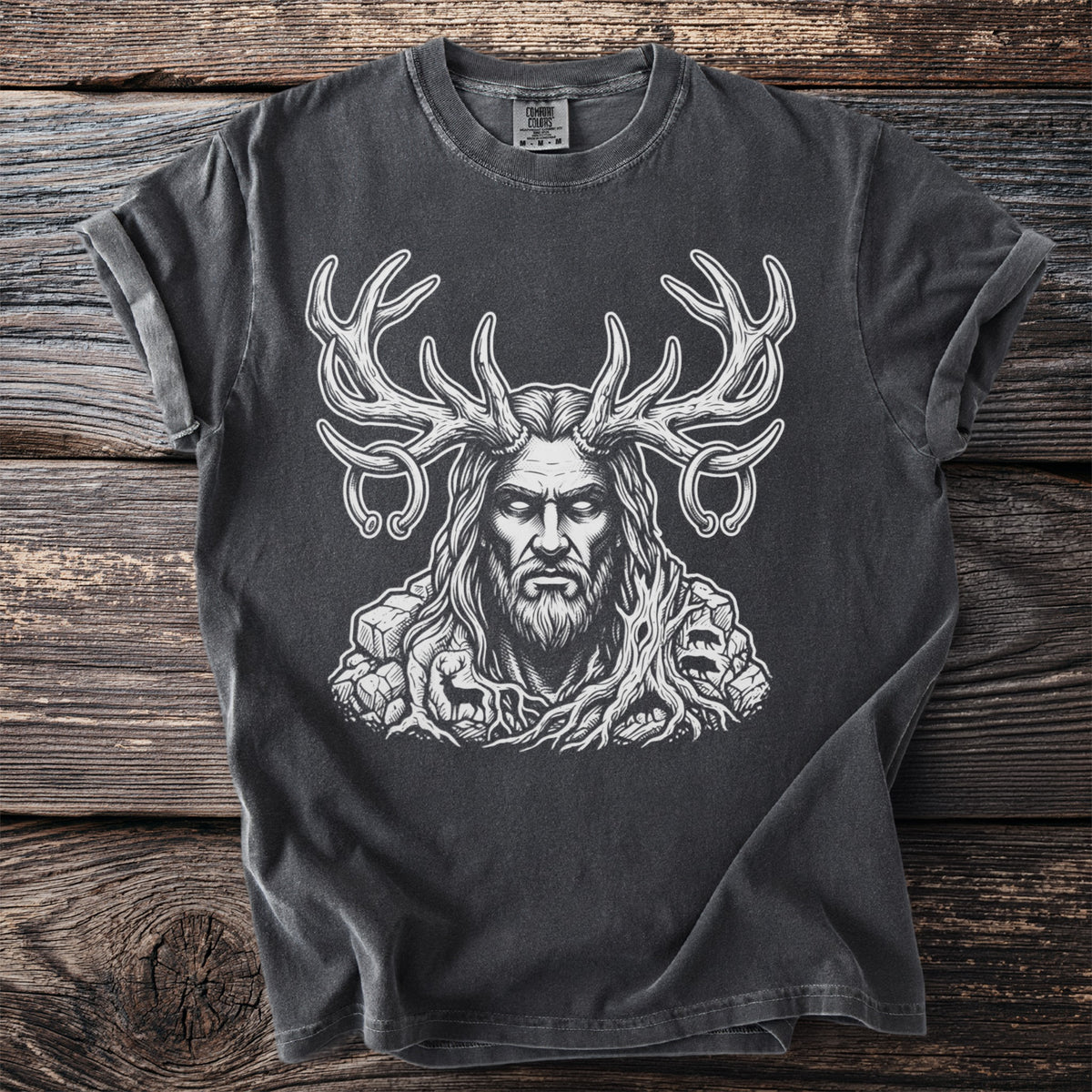 Charcoal t-shirt with a white line art design of a crowned, bearded man with antlers.