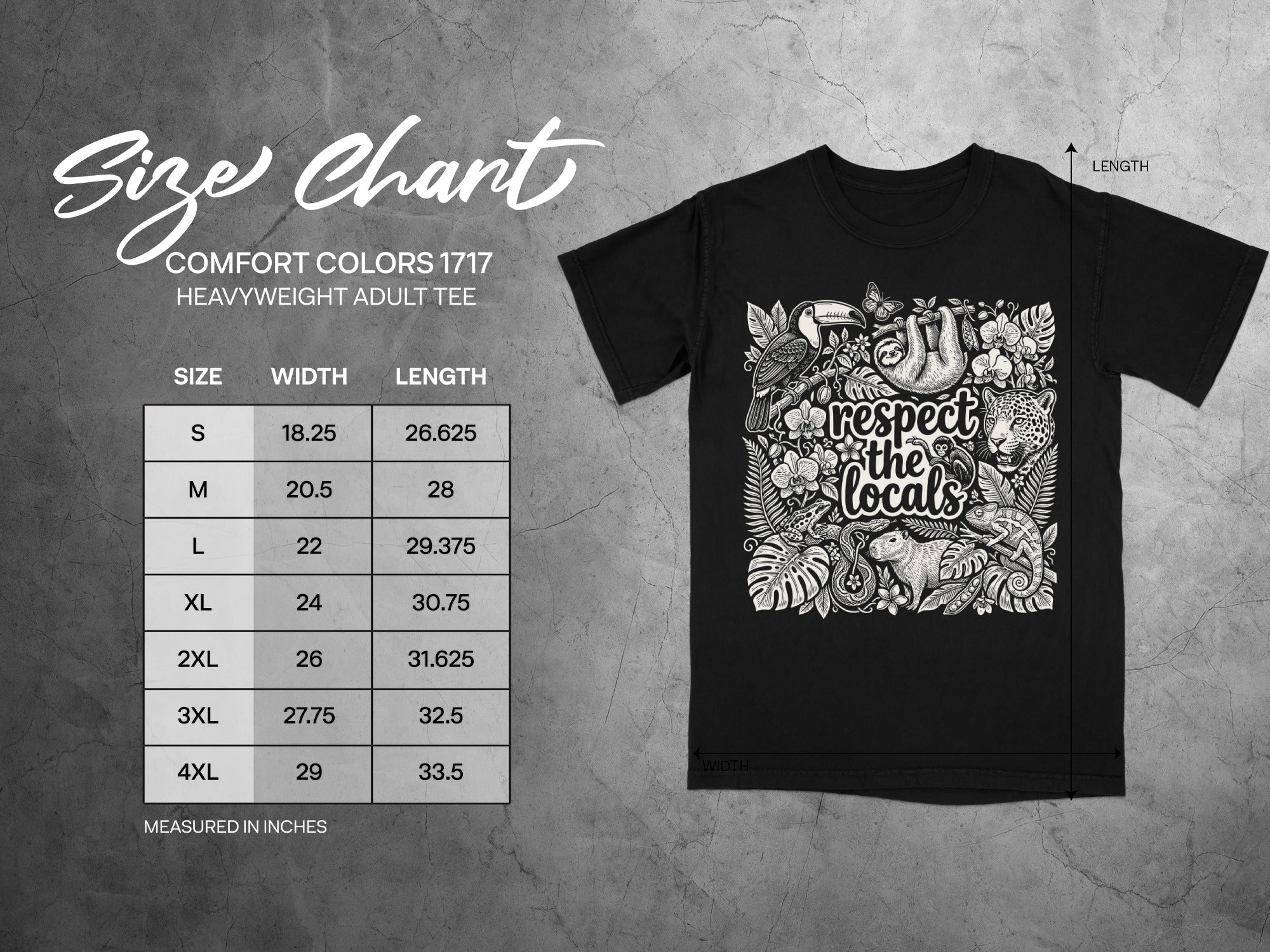 Comfort Colors 1717 heavyweight adult tee size chart with width and length measurements.