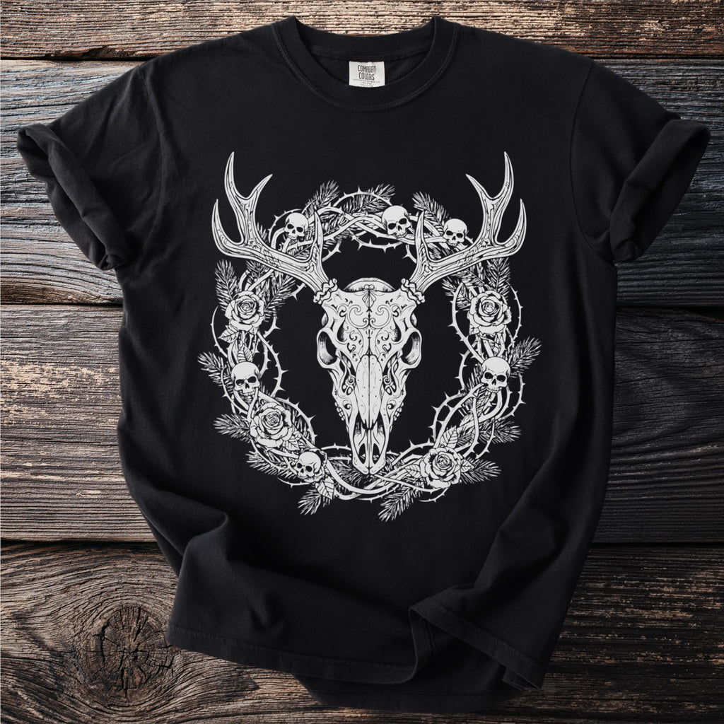 Black t-shirt with an ornate deer skull surrounded by roses and skulls.