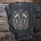 Gray t-shirt with gothic occult graphic featuring hands, crystal ball, snake, and celestial elements.