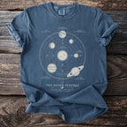 Blue t-shirt with celestial mechanics diagram "The Seven Spheres" and planets.