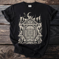 Black t-shirt with screen print of Norse-inspired art featuring wolves and a wooden door.