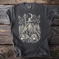 Dark gray t-shirt showing Odin with two ravens and three wolves in a forest.