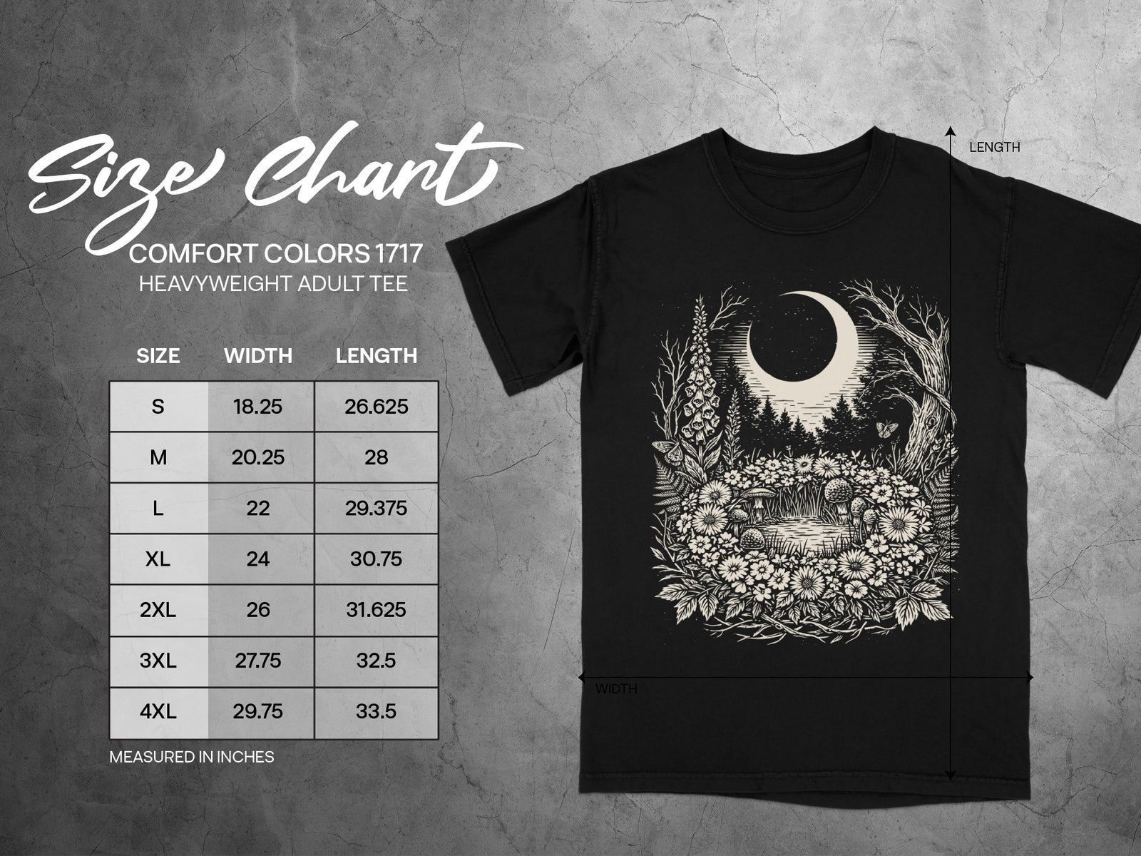 Comfort Colors 1717 heavyweight adult tee size chart with width and length measurements.