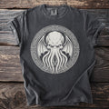 Dark gray t-shirt with a tentacled creature graphic in a circular, geometric design.
