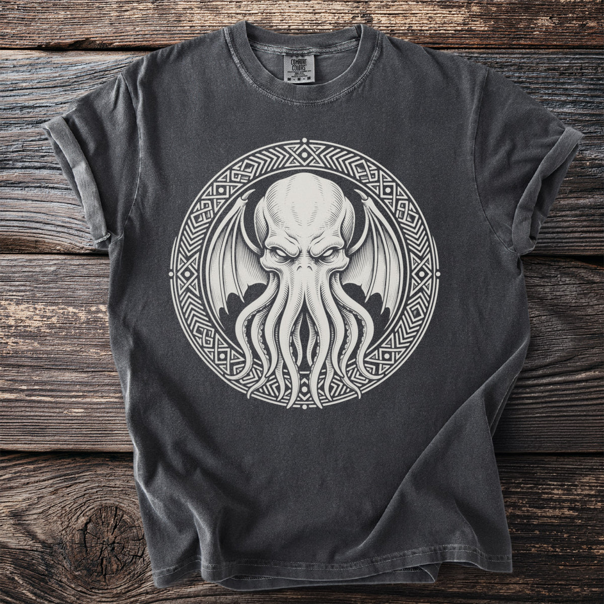 Dark gray t-shirt with a tentacled creature graphic in a circular, geometric design.