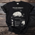 Black t-shirt with Pink Fairy Armadillo illustration and biological facts.