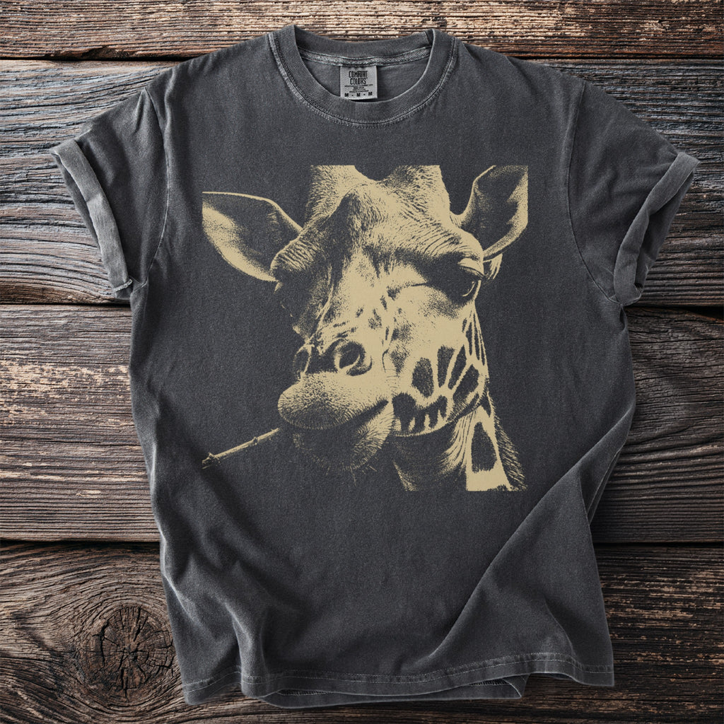 Charcoal t-shirt with a graphic of a giraffe holding a cigarette.