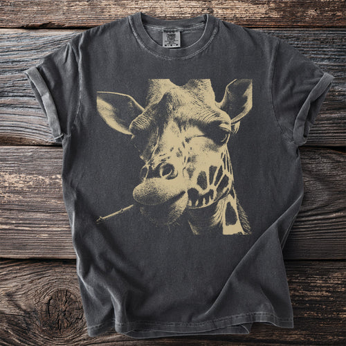 Charcoal t-shirt with a graphic of a giraffe holding a cigarette.