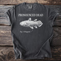 Charcoal t-shirt with a coelacanth illustration and text "Pronounced Dead. Fig. 1: Disagreed."