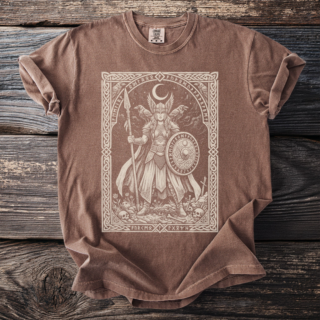 T-shirt with a framed depiction of a Valkyrie holding a spear and shield.