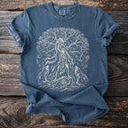 Blue t-shirt with white illustration of Norse mythology tree, Odin, wolves, and eagles.