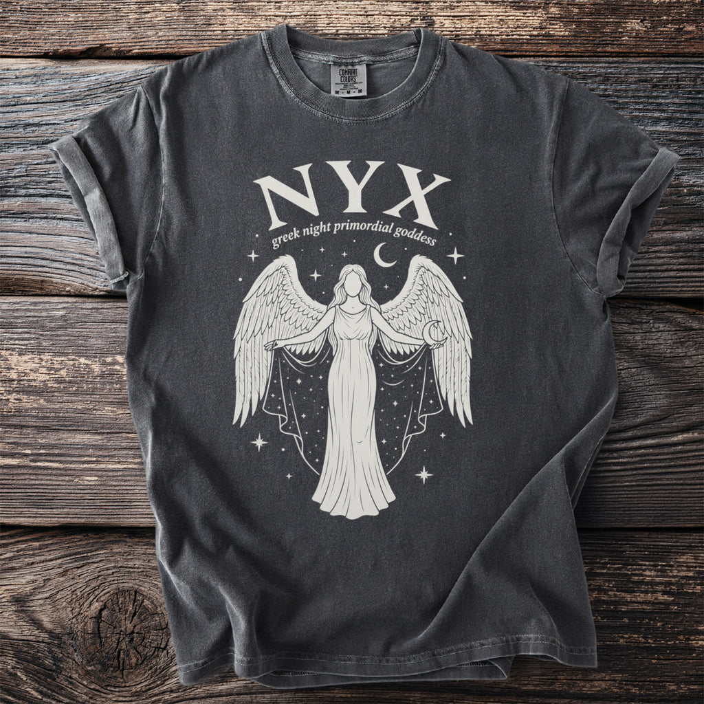 Dark gray t-shirt with white print of NYX, the Greek night primordial goddess.
