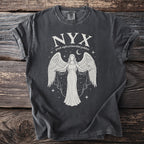 Dark gray t-shirt with white print of NYX, the Greek night primordial goddess.