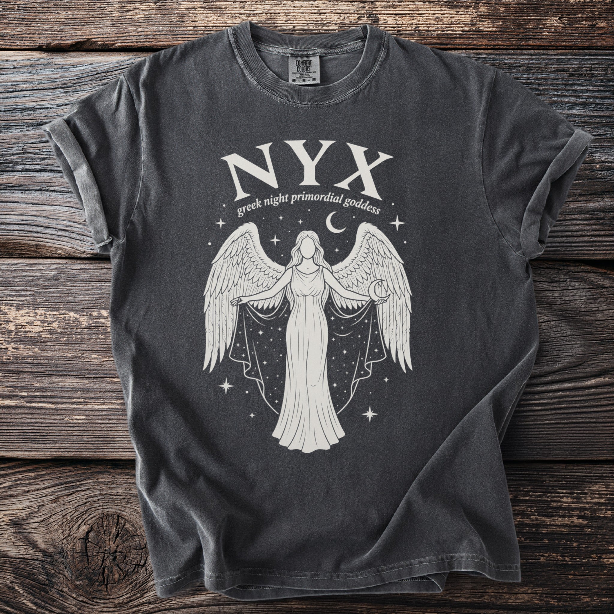 Dark gray t-shirt with white print of NYX, the Greek night primordial goddess.