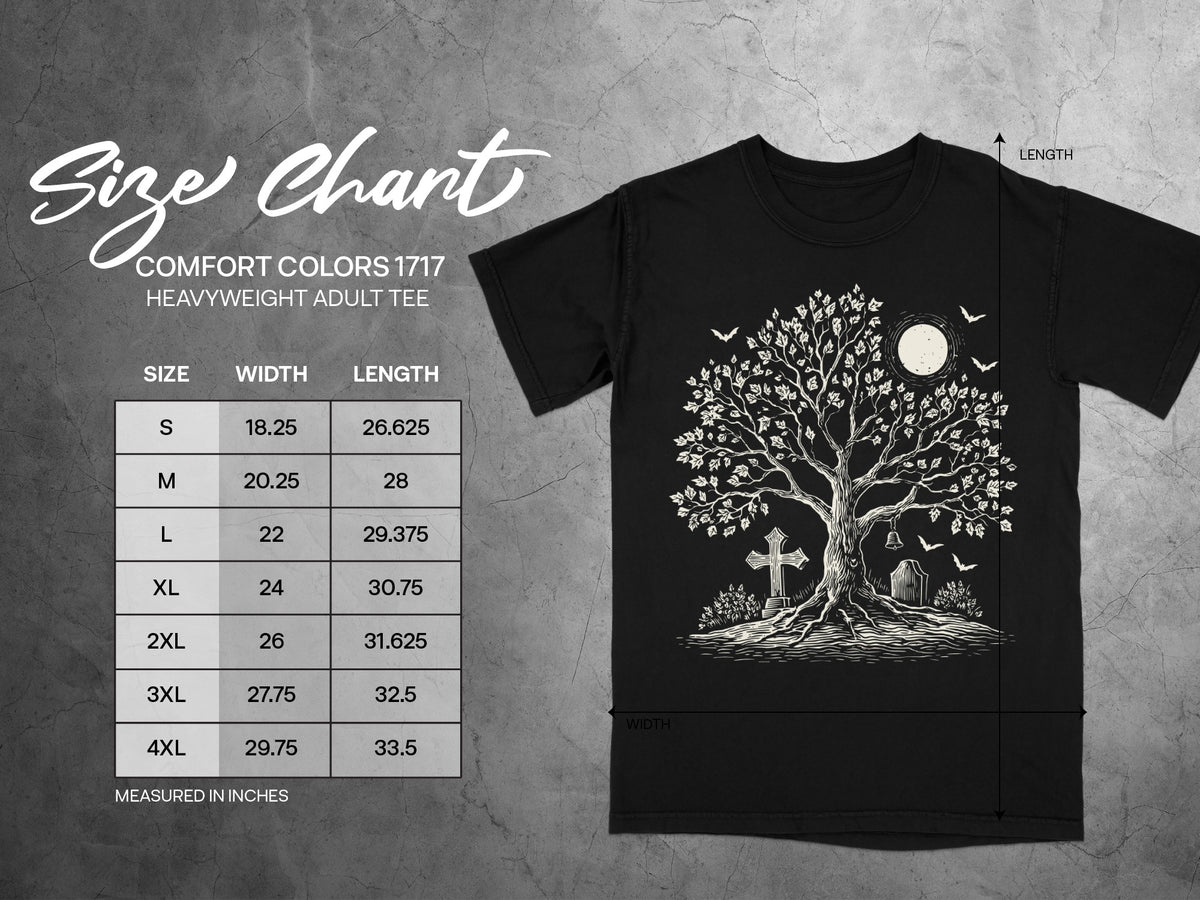Comfort Colors 1717 heavyweight adult tee size chart with width and length measurements.